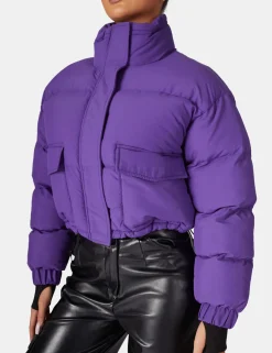 Public Desire Cropped Pocket Detail Puffer Purple | Women Outerwear & Jackets