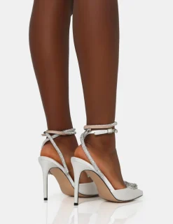Public Desire Cupid Off White Satin Diamante Heart Wrap Around Pointed Toe Stiletto Heels | Women Court Heels
