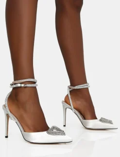 Public Desire Cupid Off White Satin Diamante Heart Wrap Around Pointed Toe Stiletto Heels | Women Court Heels