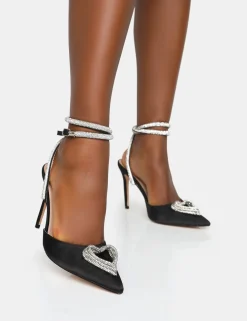 Public Desire Cupid Satin Diamante Heart Wrap Around Pointed Toe Stiletto Heels | Women Court Heels