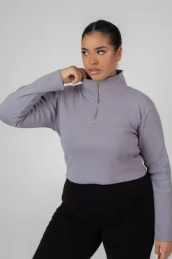 Public Desire Curve High Neck Half Zip Pullover Top Acid Wash | Women Curve