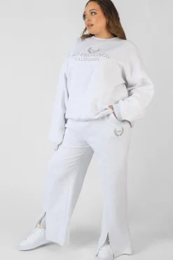 Public Desire Curve Oversized Embroidered Split Front Joggers Oatmeal | Women Curve