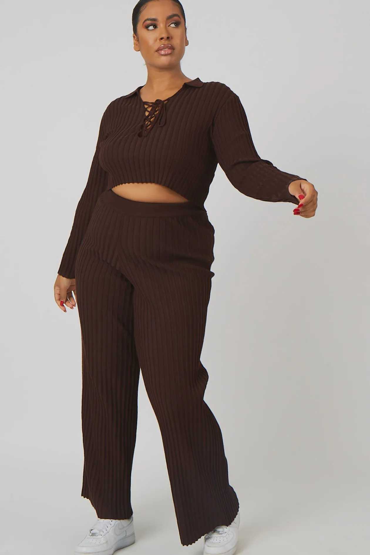 Public Desire Curve Ribbed Knitted Wide Leg Trousers | Women Curve