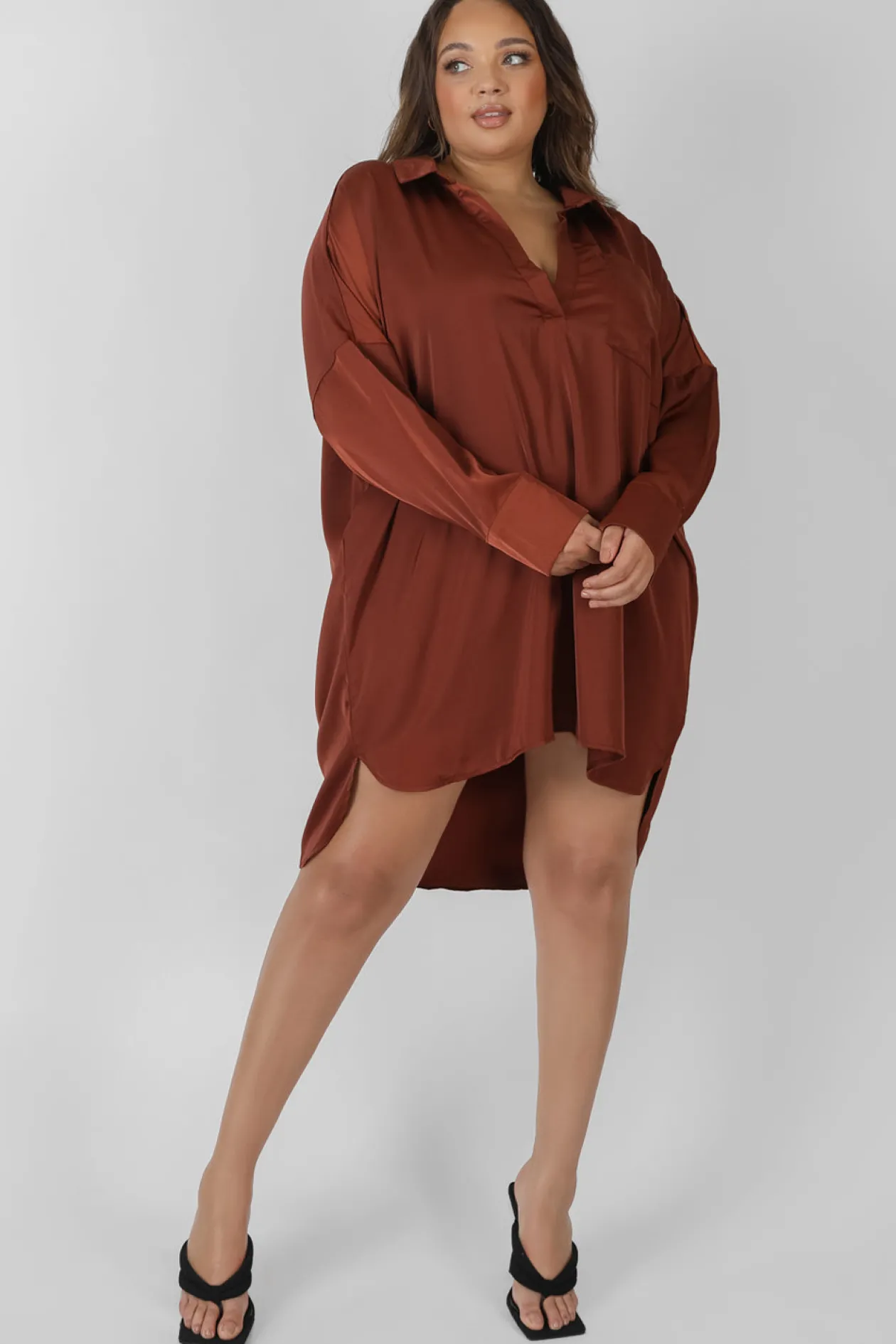Public Desire Curve Satin Shirt Dress Chocolate | Women Curve
