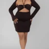 Public Desire Curve Slinky Ruch Bust Cut Out Long Sleeved Dress Chocolate | Women Dresses