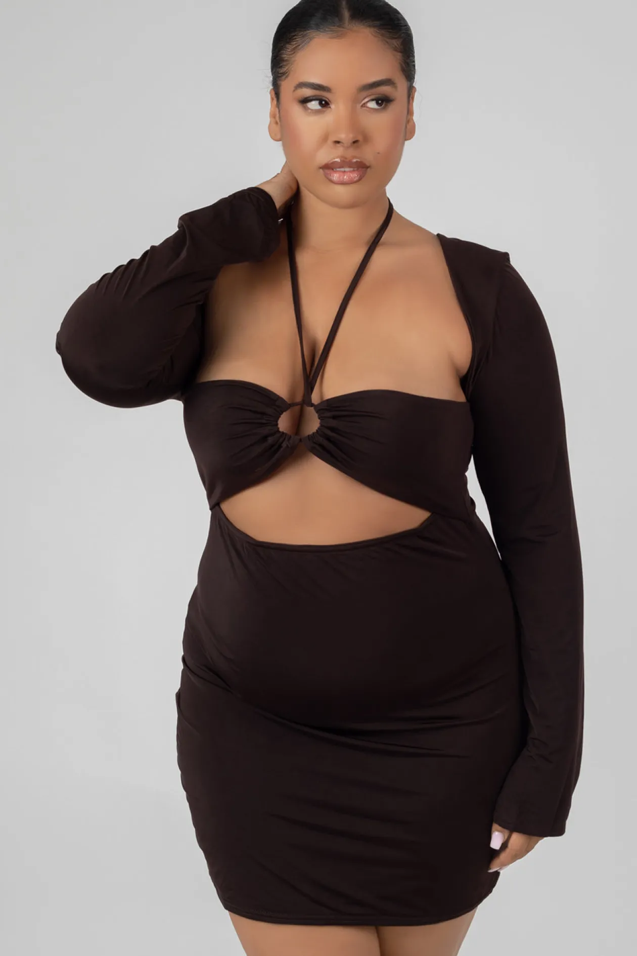 Public Desire Curve Slinky Ruch Bust Cut Out Long Sleeved Dress Chocolate | Women Dresses