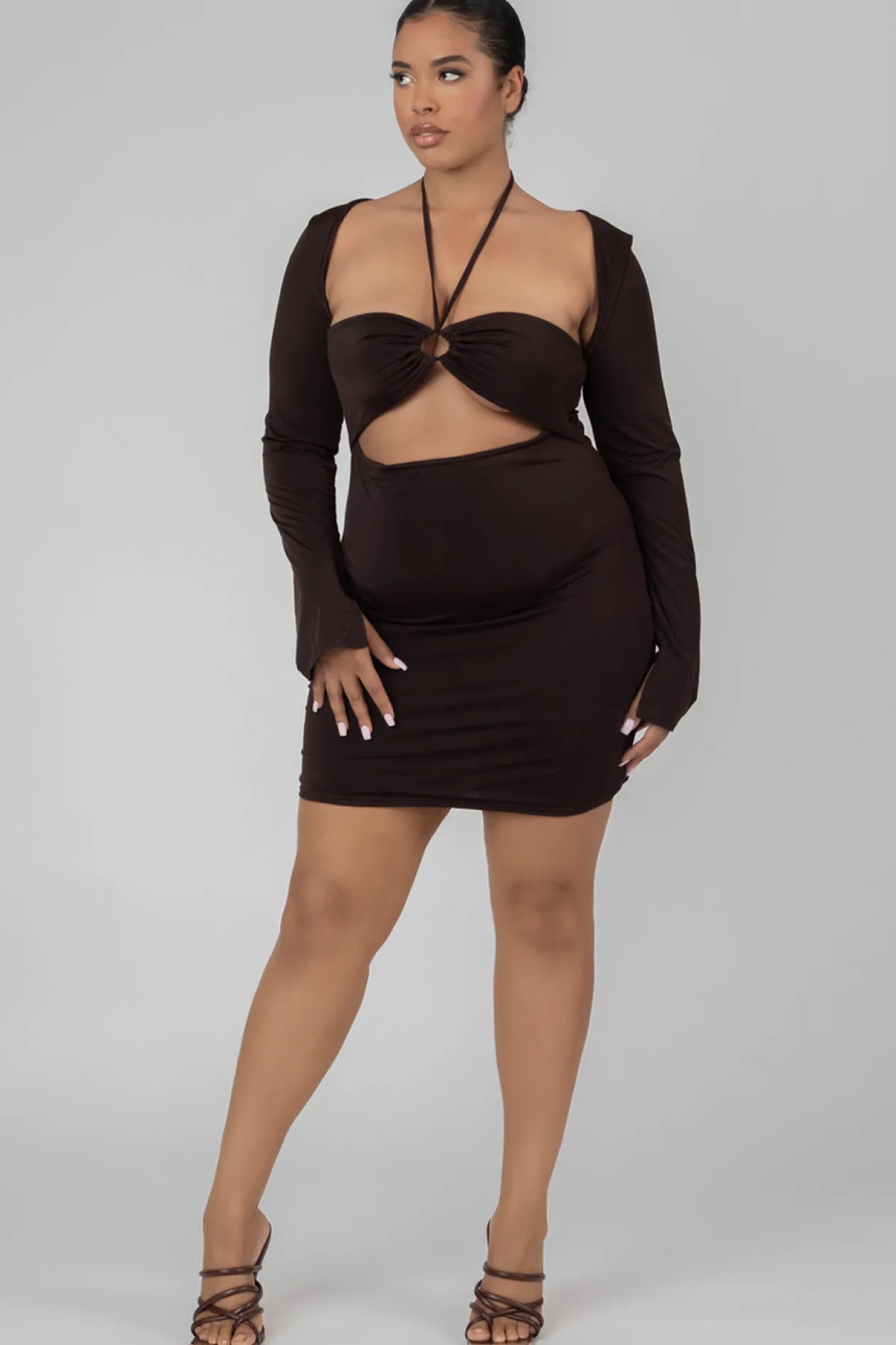 Public Desire Curve Slinky Ruch Bust Cut Out Long Sleeved Dress Chocolate | Women Dresses