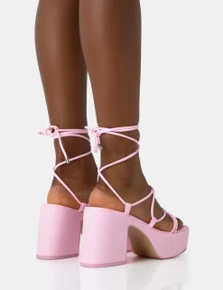 Public Desire Darcy Baby Strappy Lace Up Square Toe Mid Flatform Heels | Women Strappy Sandals