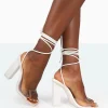 Public Desire Date-Night Wide Fit White Croc Lace Up Clear Perspex Square Toe Heels | Women Lace Up Heels