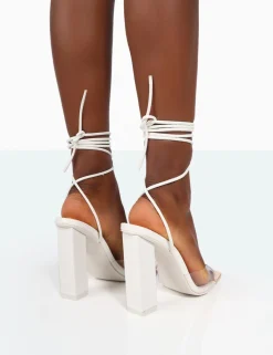 Public Desire Date-Night Wide Fit White Croc Lace Up Clear Perspex Square Toe Heels | Women Lace Up Heels