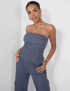 Public Desire Denim Contrast Stitch Bandeau Top | Women Tops