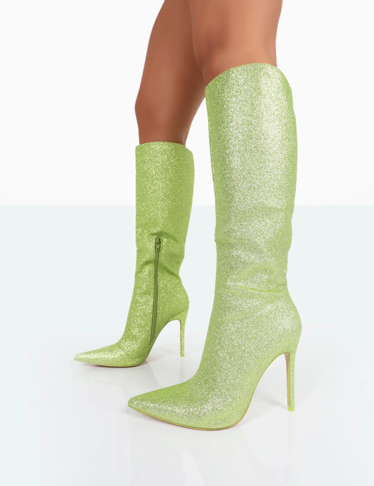 Public Desire Diva Glitter Pointed Toe Stiletto Knee High Boots | Women Heeled Boots