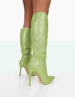 Public Desire Diva Glitter Pointed Toe Stiletto Knee High Boots | Women Heeled Boots