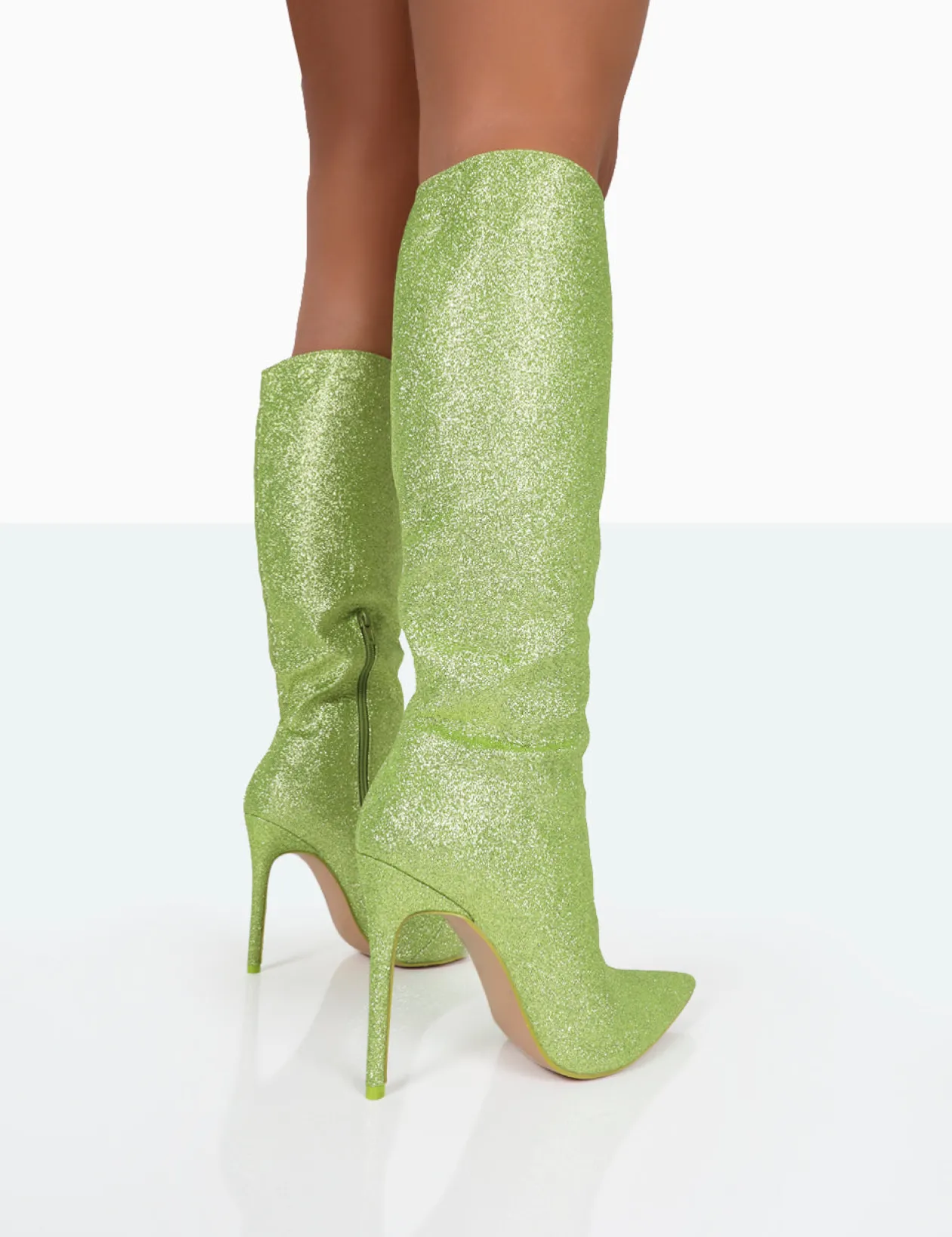 Public Desire Diva Glitter Pointed Toe Stiletto Knee High Boots | Women Heeled Boots