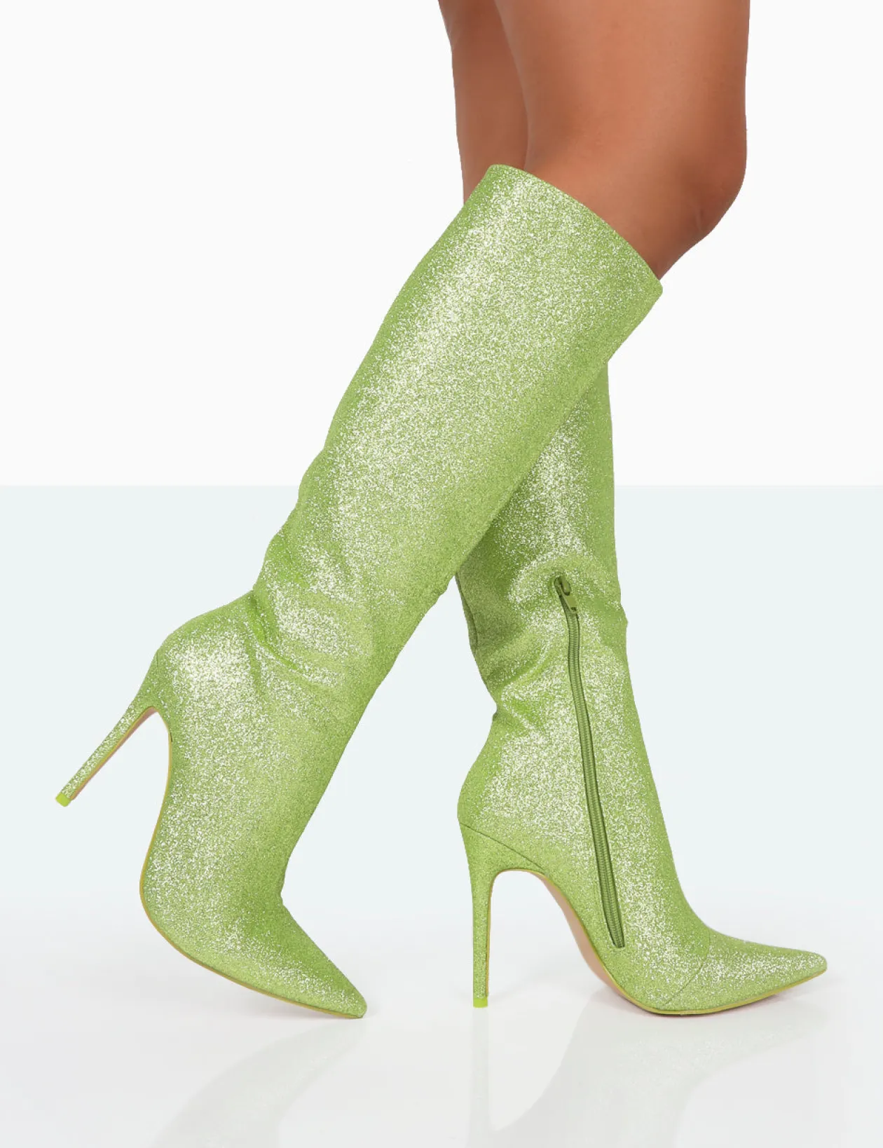 Public Desire Diva Glitter Pointed Toe Stiletto Knee High Boots | Women Heeled Boots