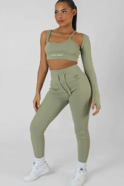 Public Desire Drawstring Waist Kaiia Sport Leggings Khaki | Women Jogger & Leggings
