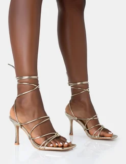 Public Desire Duet Wide Fit Knot Strappy Lace Up Square Toe Mid Heels | Women Wide Fit Heels