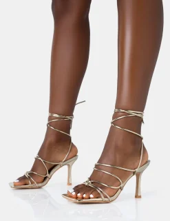 Public Desire Duet Wide Fit Knot Strappy Lace Up Square Toe Mid Heels | Women Wide Fit Heels