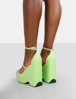 Public Desire Duke Green Strappy Square Toe Platform Wedge High Heels | Women Wedges