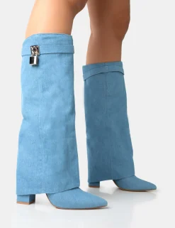 Public Desire Echo Denim Padlock Detail Fold Over Pointed Toe Knee High Boots | Women Knee High Boots