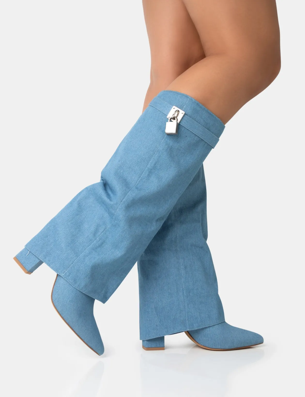 Public Desire Echo Denim Padlock Detail Fold Over Pointed Toe Knee High Boots | Women Knee High Boots