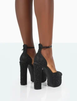 Public Desire Effie Black Sparkly Diamante Ankle Strap Block Heel Platform Court High Heels | Women Court Heels