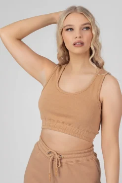Public Desire Elasticated Waist Sweat Scoop Neck Crop Top Camel | Women Tops