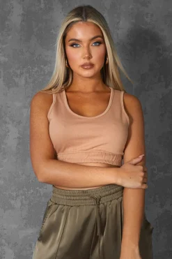 Public Desire Elasticated Waist Sweat Scoop Neck Crop Top Camel | Women Tops