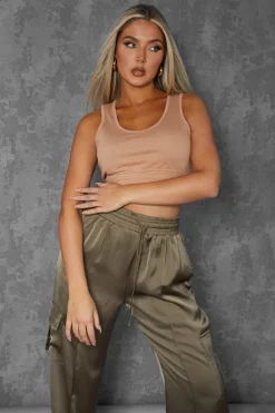 Public Desire Elasticated Waist Sweat Scoop Neck Crop Top Camel | Women Tops