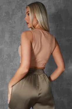 Public Desire Elasticated Waist Sweat Scoop Neck Crop Top Camel | Women Tops