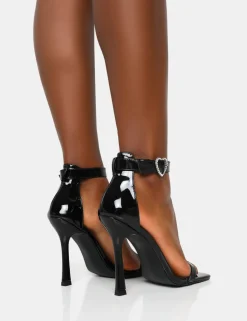 Public Desire Elora Black Patent Barely There Diamante Heart Buckle Square Toe Stiletto Heels | Women Barely There Heels