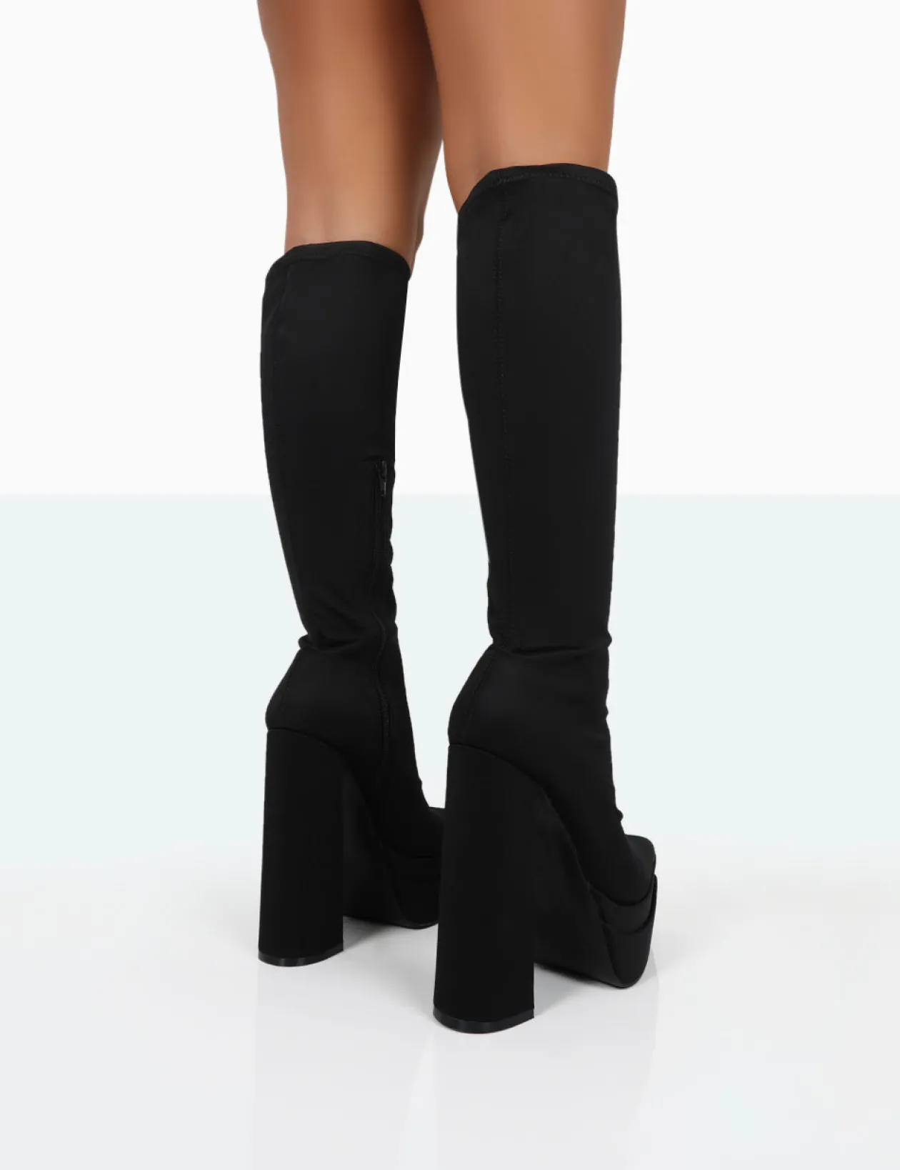 Public Desire End Game Lycra Platform Pointed Toe Block Heel Knee High Boots | Women Knee High Boots
