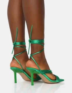 Public Desire Esla Wide Fit Satin Multi Strap Lace Up Square Toe Mid Stiletto Heels | Women Wide Fit Heels