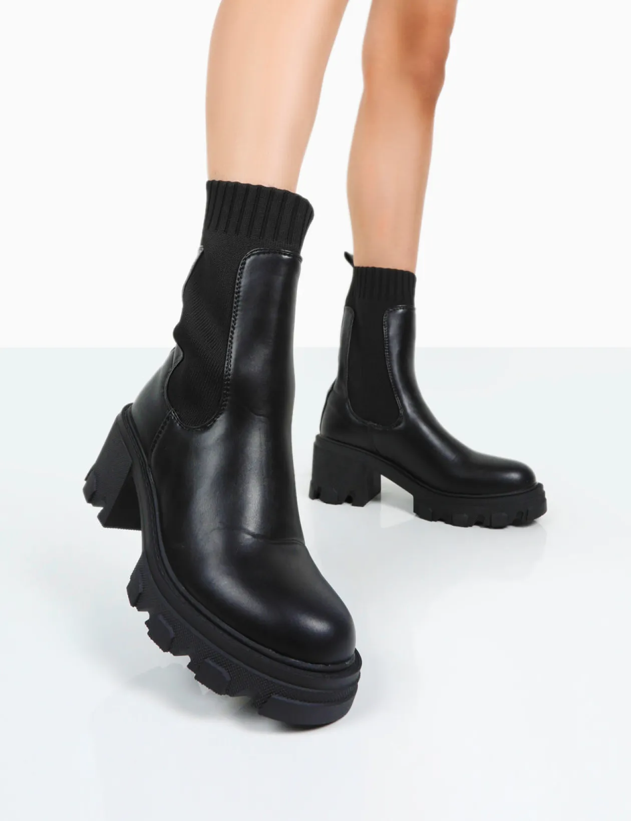 Public Desire Everdeen Pu And Knit Chunky Heeled Platform Sock Ankle Boots | Women Chunky Boots