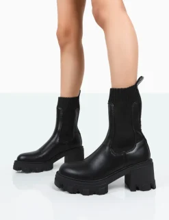 Public Desire Everdeen Pu And Knit Chunky Heeled Platform Sock Ankle Boots | Women Chunky Boots
