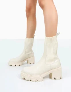 Public Desire Everdeen Pu And Knit Chunky Heeled Platform Sock Ankle Boots | Women Chunky Boots
