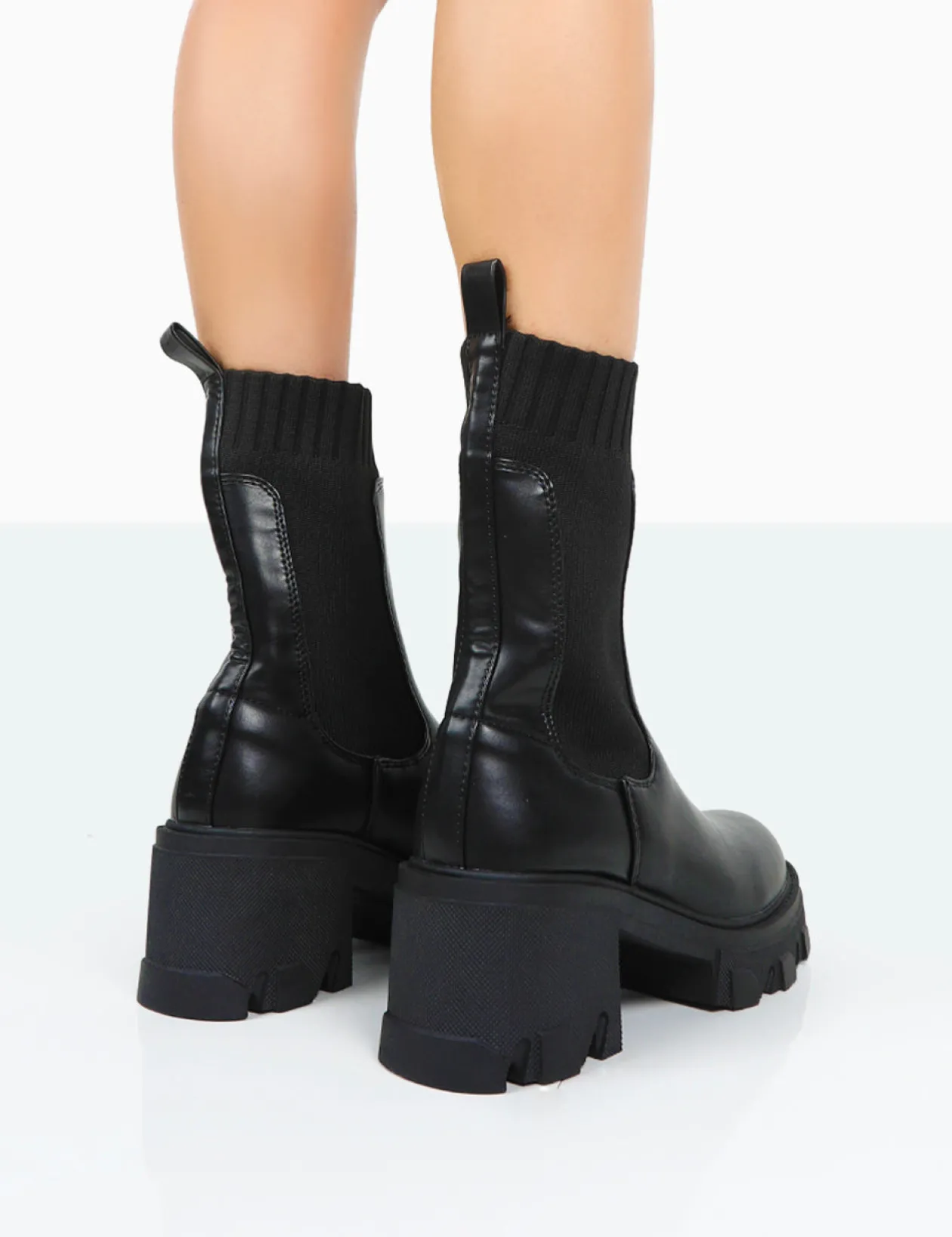 Public Desire Everdeen Pu And Knit Chunky Heeled Platform Sock Ankle Boots | Women Chunky Boots