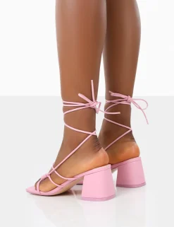 Public Desire Fanatic Baby Pu Square Toe Lace Up Block Mid Heeled Sandals | Women Square Toe Heels