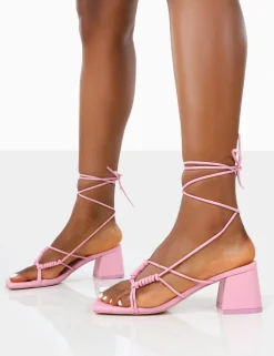 Public Desire Fanatic Baby Pu Square Toe Lace Up Block Mid Heeled Sandals | Women Square Toe Heels