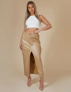Public Desire Faux Leather Pocket Detail Cargo Maxi Skirt Camel | Women Skirts