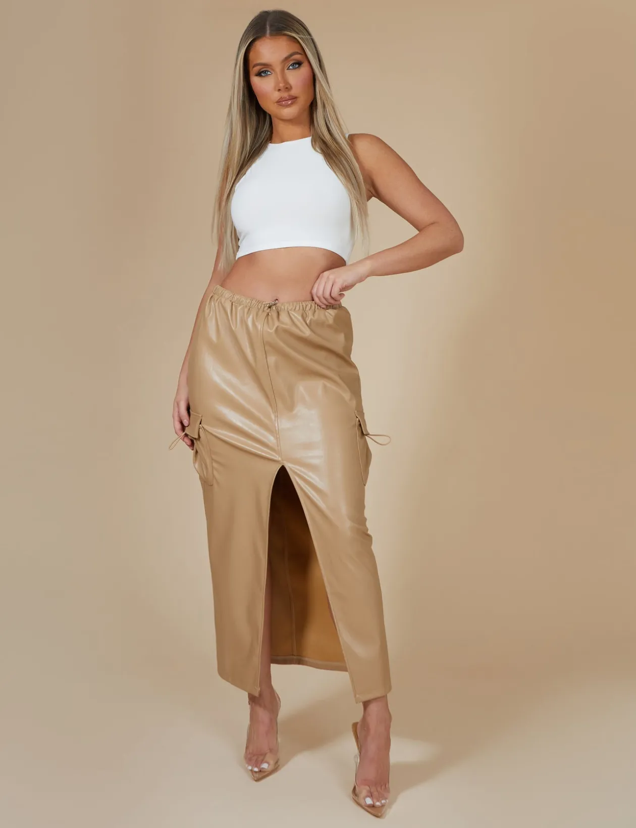 Public Desire Faux Leather Pocket Detail Cargo Maxi Skirt Camel | Women Skirts