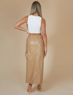 Public Desire Faux Leather Pocket Detail Cargo Maxi Skirt Camel | Women Skirts