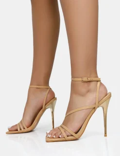 Public Desire Fillipa Nude Pu Strappy Square Toe Metal Stiletto Heels | Women Barely There Heels