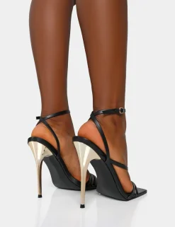 Public Desire Fillipa Wide Fit Black Pu Strappy Square Toe Metal Stiletto Heels | Women Wide Fit Heels
