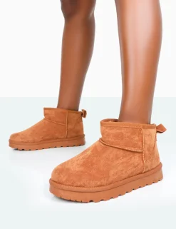 Public Desire Flurry Chestnut Brown Faux Suede Ultra Mini Ankle Boots | Women Ultra Mini Boots