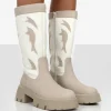 Public Desire Fly Away Pu Round Toe Western Cowboy Platform Chunky Soleknee High Boots | Women Western Boots