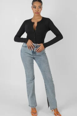 Public Desire Front Button Long Sleeve Ribbed Bodysuit | Women Bodysuits