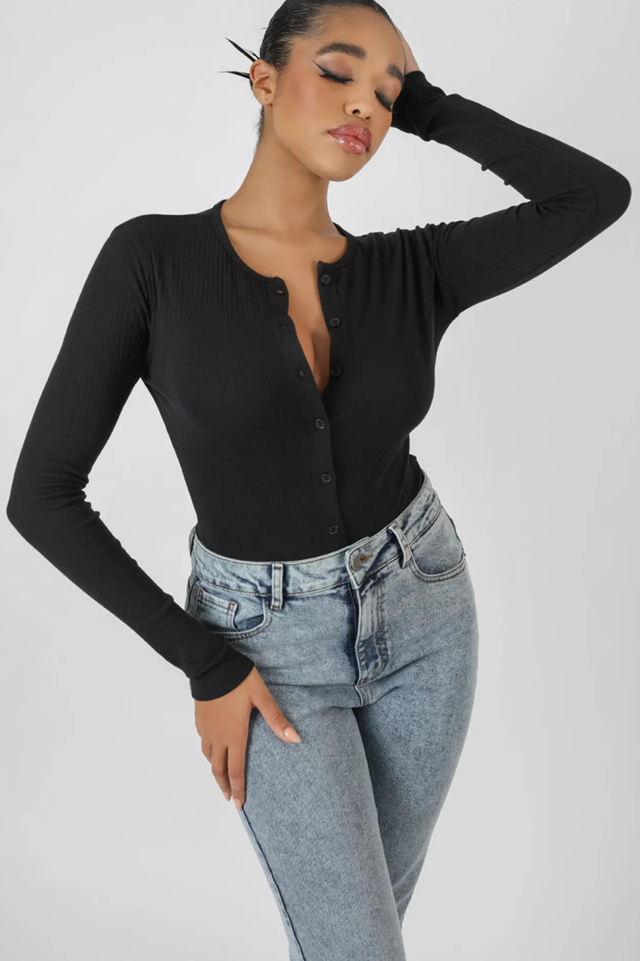 Public Desire Front Button Long Sleeve Ribbed Bodysuit | Women Bodysuits