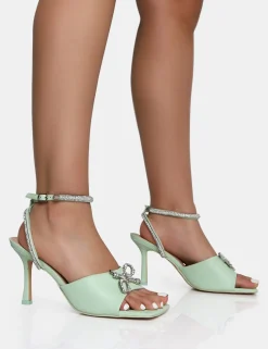 Public Desire Front Row Pastel Diamante Bow Square Toe Mid Stiletto Heels | Women Square Toe Heels