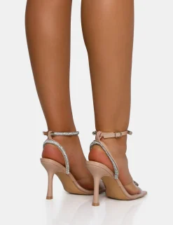 Public Desire Front Row Patent Perspex Diamante Bow Square Toe Mid Stiletto Heels | Women Square Toe Heels